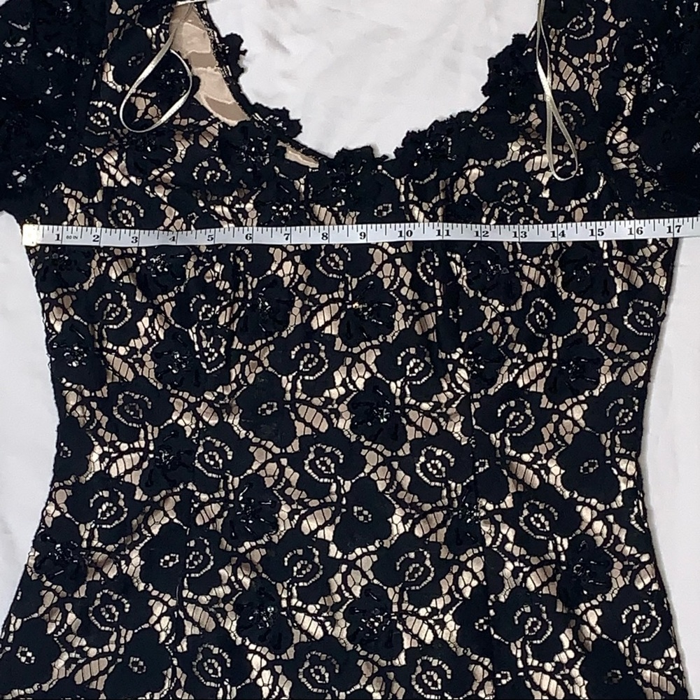 JS Boutique Beaded Floral Lace Black Overlay Tan Nude Illusion Top 8 Evening - Picture 11 of 14